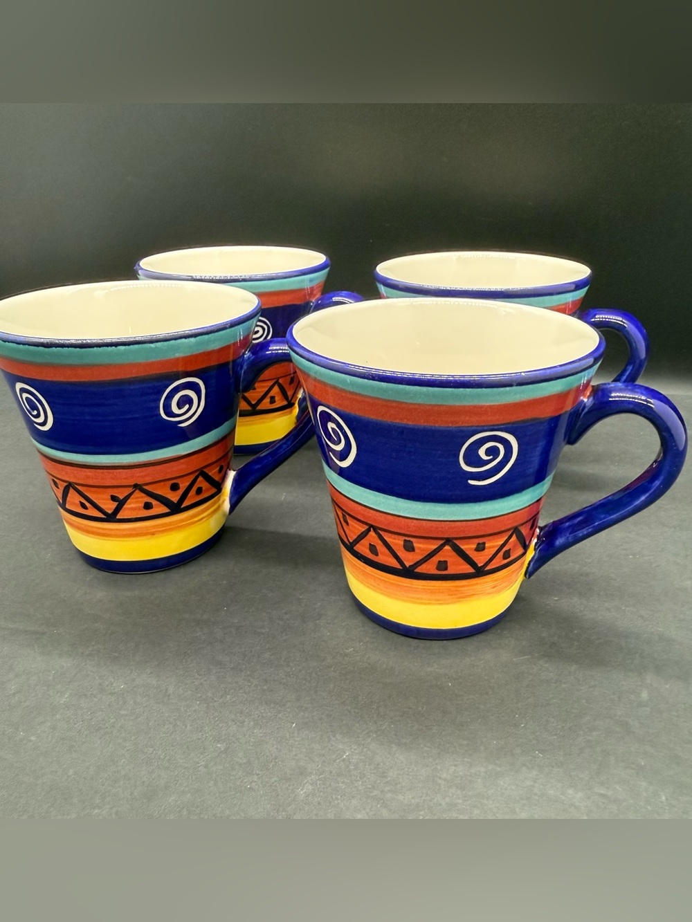Morocco By Living Art Swirl Coffee Mugs Hand Painted Earthenware Set Of 4 RARE